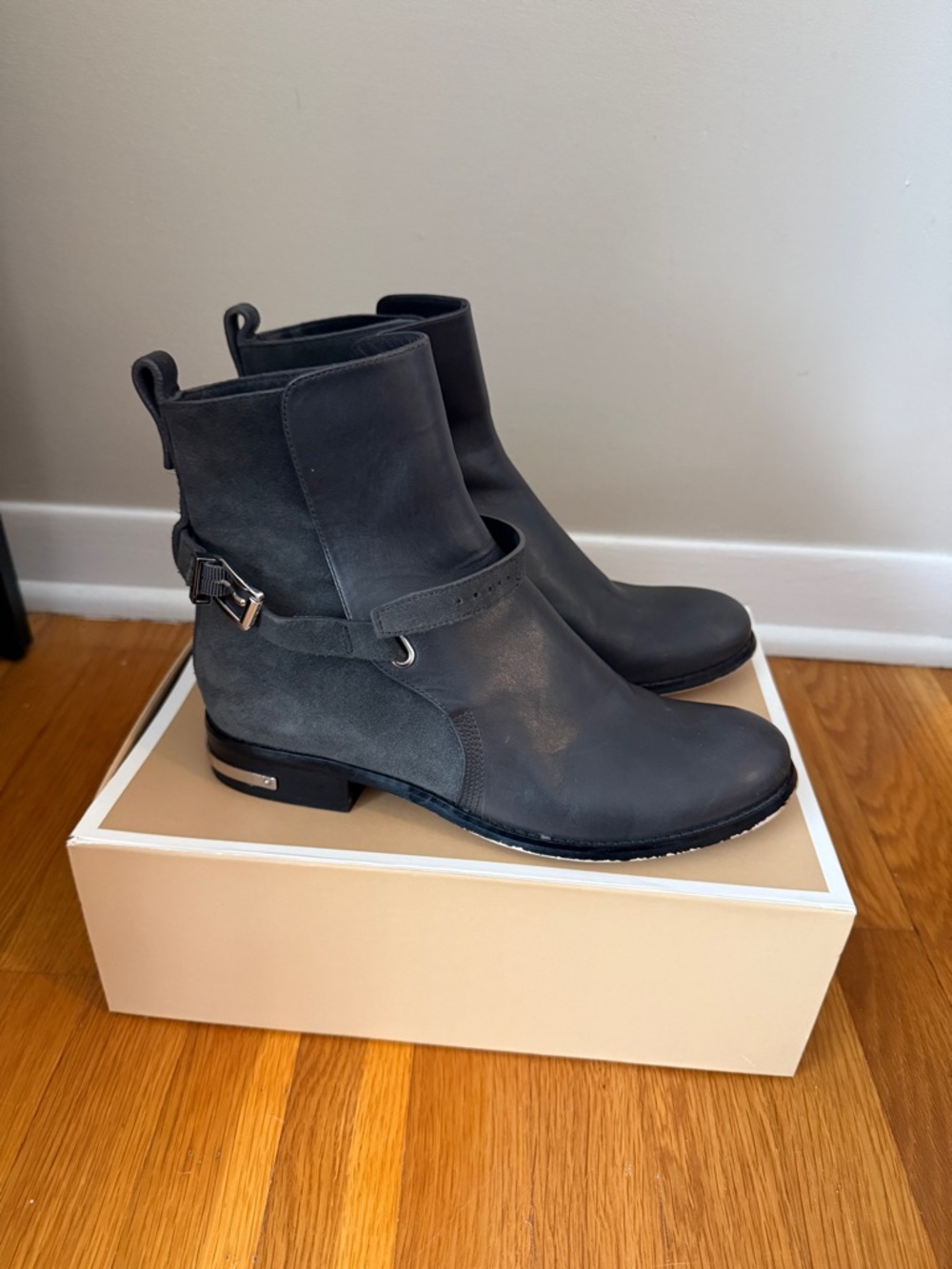 Michael Kors Charcoal Leather Strap Ankle Boots